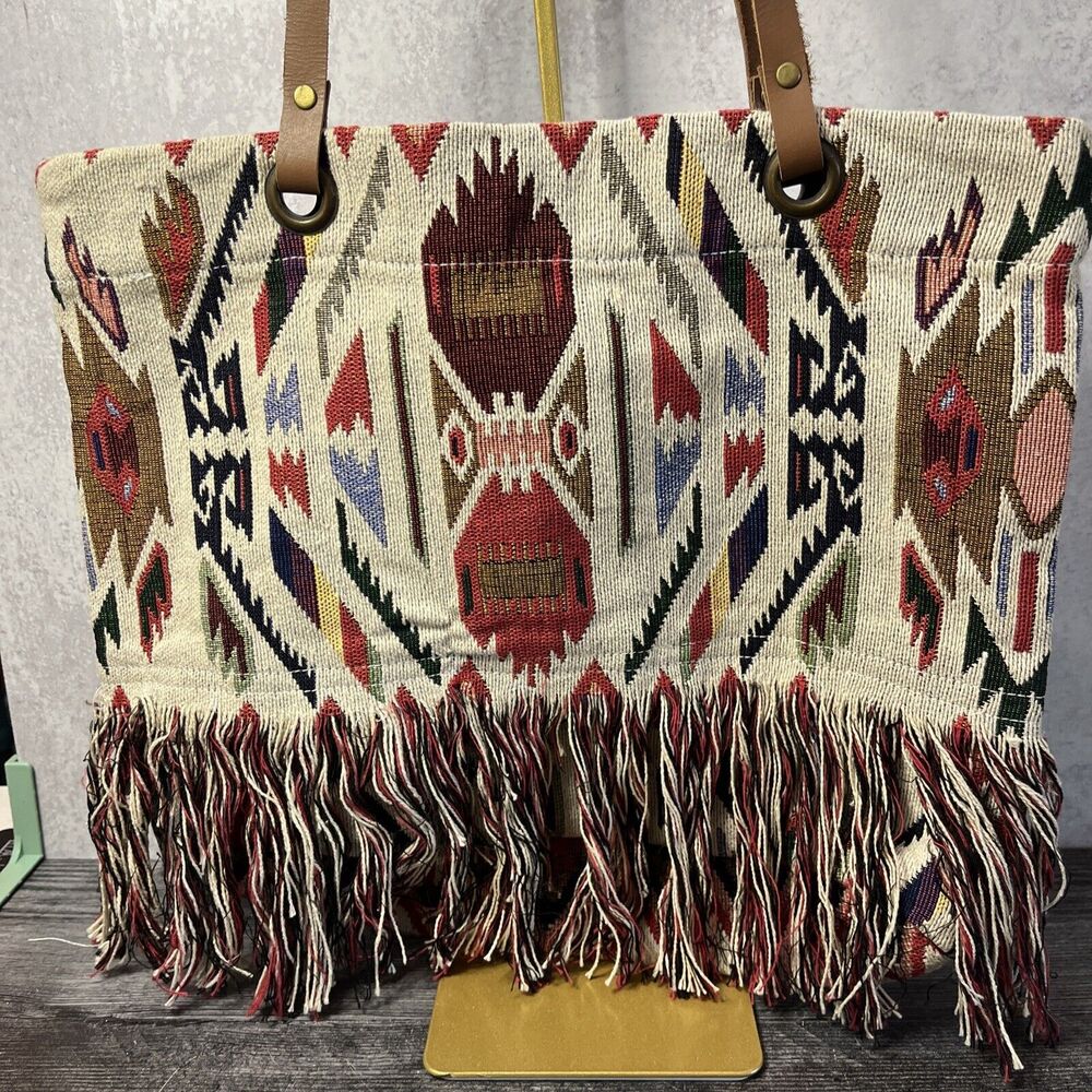 Ray L A Boho TapestryTote Bag Fringe Woven Tapestry Large Shoulder Purse